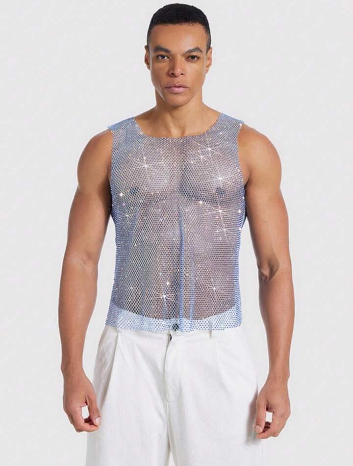 Manfinity AFTRDRK Men's Blue Elastic Mesh Rhinestone Decor Tank Top Rhinestone Top Men